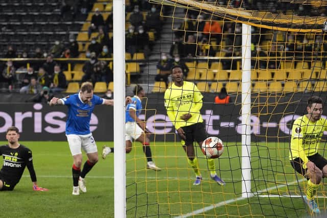 Dortmund's goalkeeper Gregor Kobel is left helpless as Rangers score four goals.