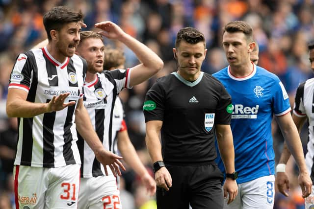 St. Mirren's Declan Gallagher complains to the referee Nick Walsh after his foul on Antonio Colak resulted in a penalty to Rangers. (Photo by Alan Harvey / SNS Group)
