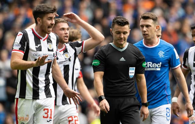 St. Mirren's Declan Gallagher complains to the referee Nick Walsh after his foul on Antonio Colak resulted in a penalty to Rangers. (Photo by Alan Harvey / SNS Group)