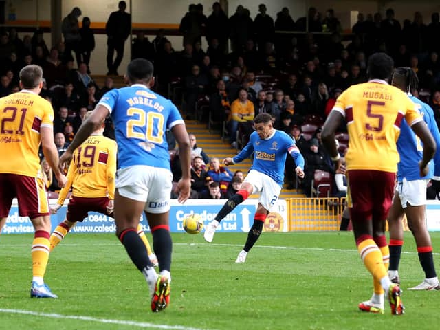 Rangers captain James Tavernier scores his team's equaliser as they came from behind to beat Motherwell 6-1 at Fir Park on Sunday. (Photo by Ian MacNicol/Getty Images)