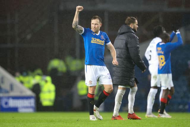 Rangers' Scott Arfield celebrates at full time after his goal earned a 1-0 win over Livingston. (Photo by Alan Harvey / SNS Group)