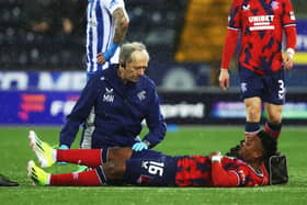 Rangers winger Oscar Cortes goes down injured during the midweek win at Kilmarnock. (Photo by Ross MacDonald / SNS Group)