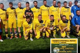 The Carluke Utd team with the trophy in 2019; the next 'derby' is planned for May 7 to raise funds for the Beatson.