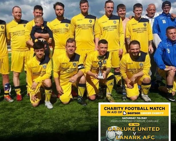 The Carluke Utd team with the trophy in 2019; the next 'derby' is planned for May 7 to raise funds for the Beatson.