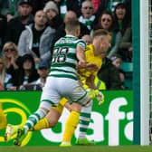 Celtic's Joe Hart and Josip Juranovic are involved in an own goal to make it 1-1 during a cinch Premiership match between Celtic and Motherwell at Celtic Park, on October 01, 2022, in Glasgow, Scotland. (Photo by Craig Foy / SNS Group)