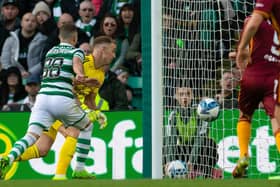 Celtic's Joe Hart and Josip Juranovic are involved in an own goal to make it 1-1 during a cinch Premiership match between Celtic and Motherwell at Celtic Park, on October 01, 2022, in Glasgow, Scotland. (Photo by Craig Foy / SNS Group)