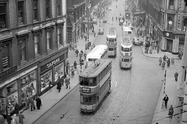 Trams in Union Street at the  junction of Renfield Street and Gordon Street.