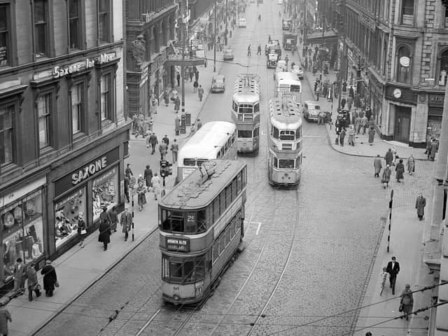 Trams in Union Street at the  junction of Renfield Street and Gordon Street.