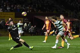 Celtic's Jota scores against Motherwell but the effort was ruled out for offside by VAR. (Photo by Rob Casey / SNS Group)