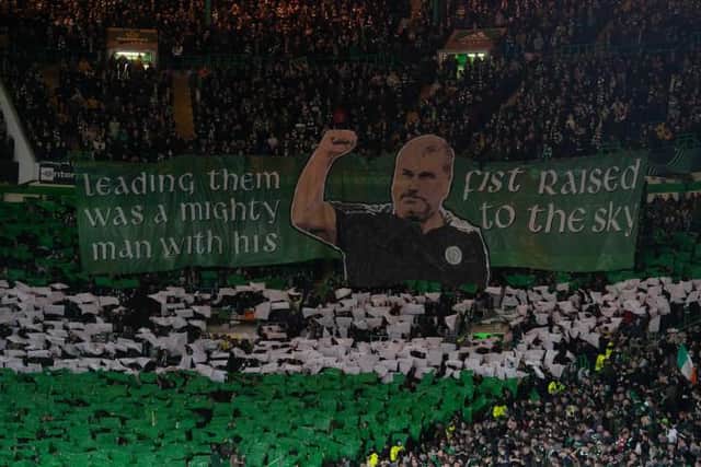 The Green Brigade section of supporters at Celtic Park unveiled a banner in tribute to manager Ange Postecoglou before kick-off at the Europa Conference League match against Bodo/Glimt. (Photo by Craig Foy / SNS Group)