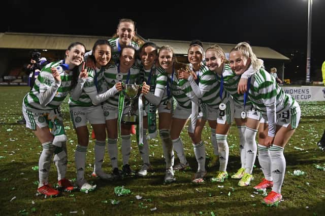 Celtic's players celebrate during the SWPL Cup final.