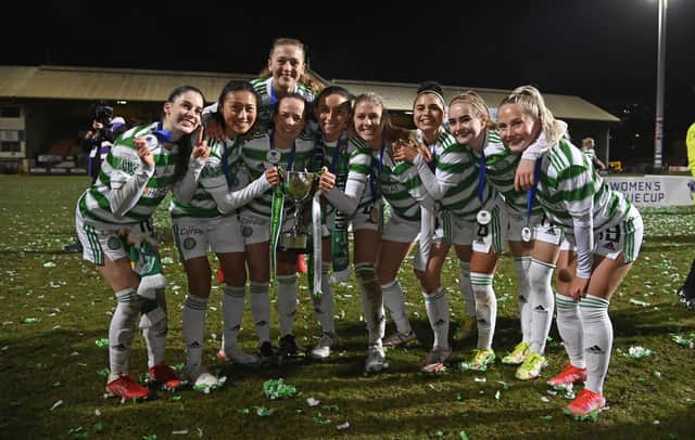 Celtic's players celebrate during the SWPL Cup final.