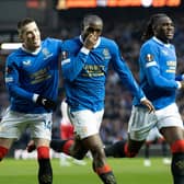 Rangers' Glen Kamara (centre) kisses the black armband in memory of kitman Jimmy Bell, who passed away suddenly this week, after scoring to make it 2-0 over RB Leipzig in the Europa League semi-final second leg at Ibrox. (Photo by Craig Williamson / SNS Group)
