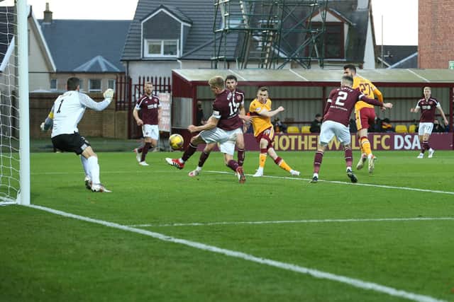 Connor Shields shoots Motherwell ahead against Hearts (Pics by Ian McFadyen)