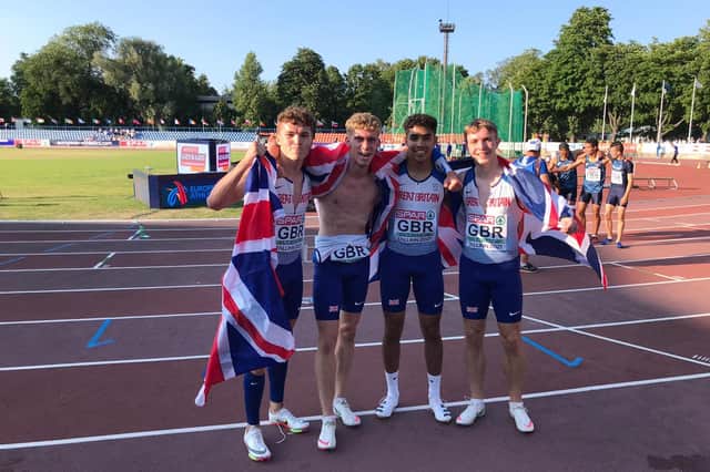 Brodie Young (right) celebrates with team-mates Samuel Reardon, Charlie Carvell and Edward Faulds after their gold medal triumph in Estonia (pic: scottishathletics)