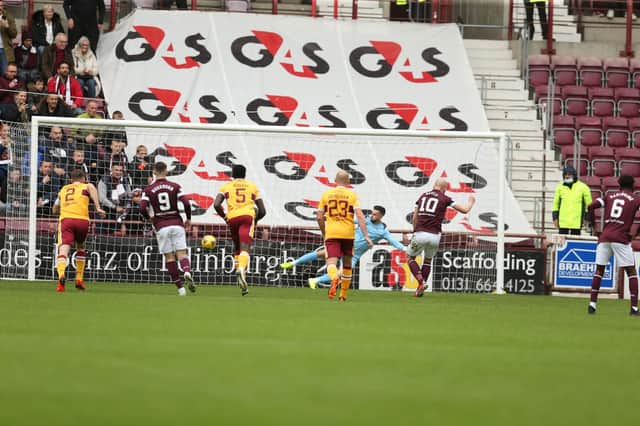 Liam Boyce's early penalty puts Hearts ahead against Motherwell (Pic by Ian McFadyen)