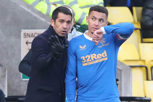 Rangers manager Giovanni van Bronckhorst issues instructions to captain James Tavernier during the Premiership victory at Livingston on Sunday. (Photo by Ian MacNicol/Getty Images)