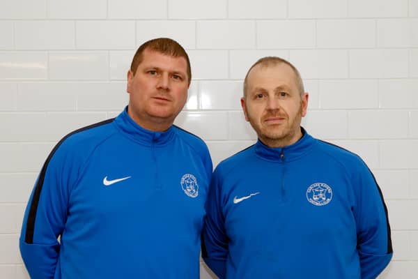 Kenny Neill (right) thought that Mark Weir (also pictured) should have stayed as Carluke Rovers boss until the end of the season (Pic by Kevin Ramage)