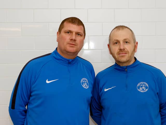 Kenny Neill (right) thought that Mark Weir (also pictured) should have stayed as Carluke Rovers boss until the end of the season (Pic by Kevin Ramage)