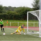 Carluke Rovers' Dylan Dailly completes his hat-trick after initial penalty was saved (Pic by Kevin Ramage)