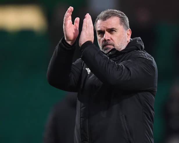 Celtic manager Ange Postecoglou applauds the home fans after the 2-0 win over St Mirren.  (Photo by Ross MacDonald / SNS Group)