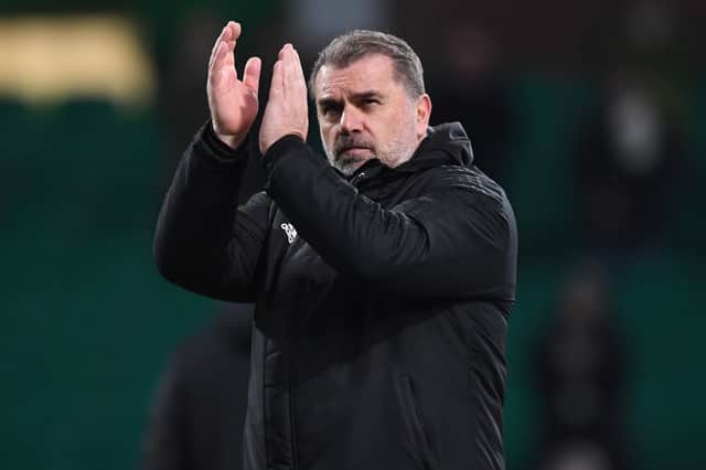 Celtic manager Ange Postecoglou applauds the home fans after the 2-0 win over St Mirren.  (Photo by Ross MacDonald / SNS Group)