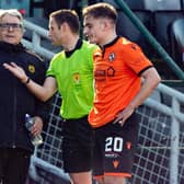 Partick manager Ian McCall speaks with referee Steven McLean after the incident involving Brian Graham