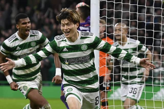 Celtic's Kyogo Furuhashi celebrates after striking in the 90th minute in the 4-2 win over Dundee United.  (Photo by Rob Casey / SNS Group)