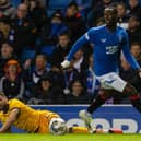Rangers forward Abdallah Sima leaves Livingston's Jamie Brandon grounded after challenging him for the ball before scoring the opener.  (Photo by Alan Harvey / SNS Group)