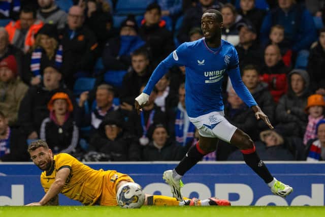 Rangers forward Abdallah Sima leaves Livingston's Jamie Brandon grounded after challenging him for the ball before scoring the opener.  (Photo by Alan Harvey / SNS Group)