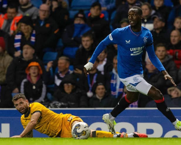 Rangers forward Abdallah Sima leaves Livingston's Jamie Brandon grounded after challenging him for the ball before scoring the opener.  (Photo by Alan Harvey / SNS Group)