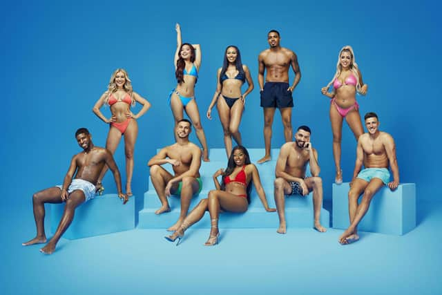 The cast of Love Island UK series 10: André Furtado, Molly Marsh, George Fensom, Ruchee Gurung, Ella Thomas, Catherine Agbaje, Tyrique Hyde, Medhi Edno, Jess Harding and Mitchel Taylor. (Credit: Vincent Dolman/ITV)