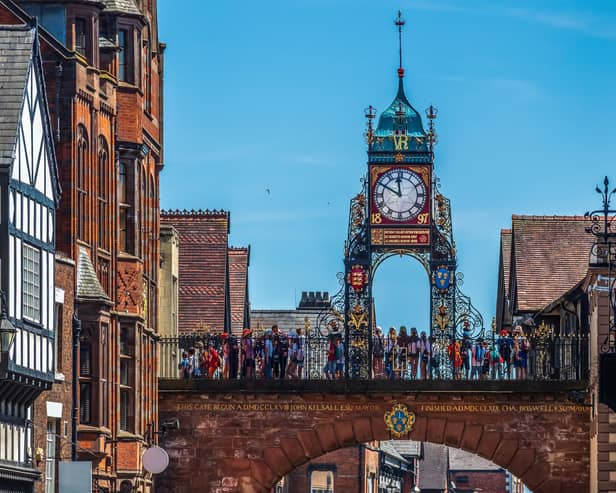 Turret clock built in Victorian times above a Georgian arch, listed as a historic landmark, in the city of Chester. Picture: Geoff Eccles - stock.adobe.com