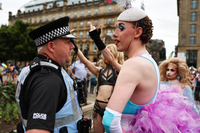 People taking part in the parade confronted protesters.