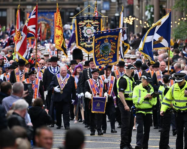 Members of the Orange Order take part in the traditional annual Battle of the Boyne celebrations. Picture: Jeff J Mitchell/Getty Images