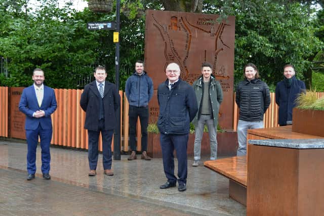 Council leaders with Tony I'Anson of Milngavie BID and supporters at the new mural in the town centre