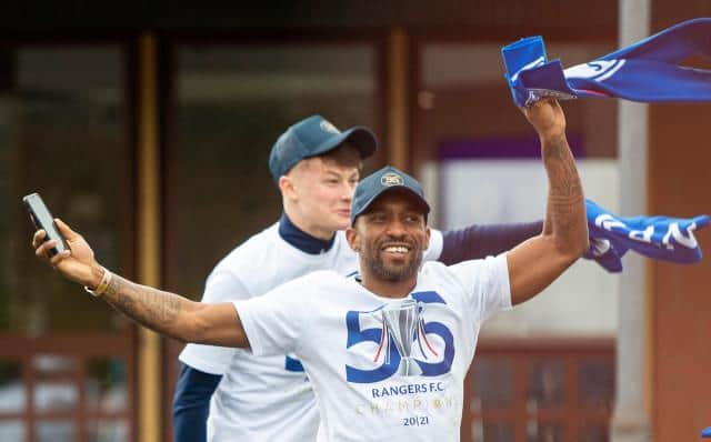 Jermain Defoe celebrating when Rangers clinched the Premiership title in March. (Photo by Ross MacDonald / SNS Group)