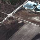 A Maxar satellite image taken on Monday shows a Russian military convoy near Ivankiv to the north of Kyiv, Ukraine. 