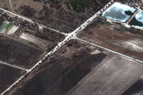 A Maxar satellite image taken on Monday shows a Russian military convoy near Ivankiv to the north of Kyiv, Ukraine. 