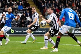 St Mirren's Ryan Strain handles the ball and concedes a penalty to Rangers. (Photo by Craig Foy / SNS Group)