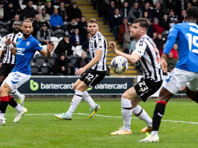 St Mirren's Ryan Strain handles the ball and concedes a penalty to Rangers. (Photo by Craig Foy / SNS Group)