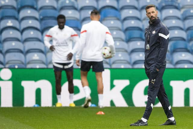 Head coach Ruud van Nistelrooy during a PSV Eindhoven training session ahead of a UEFA Champions League play-off tie against Rangers at Ibrox Stadium, on August 15, 2022, in Glasgow, Scotland. (Photo by Craig Williamson / SNS Group)