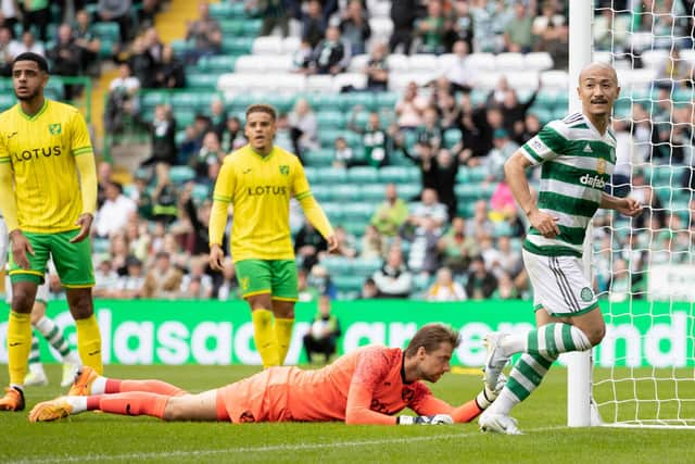 Celtic's Daizen Maeda turns away after scoring the opener in the 2-0 friendly win over Norwich. (Photo by Craig Williamson / SNS Group)