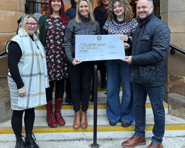 David Archer, MD of Sephra Europe (far right) together with Cathryn (Davids’s wife) and Faith (Davids’s daughter) presenting the cheque to representatives from Perth Autism Support.