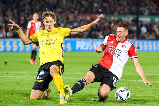 Celtic have made an approach for Elfsborg defender Gustaf Lagerbielke (left), pictured in action against Feyenoord in the UEFA Conference League in 2021.