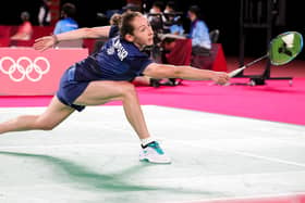 Kirsty Gilmour playing Akane Yamaguchi of Team Japan during a women’s singles group L match on day five of the Tokyo 2020 Olympic Games at Musashino Forest Sport Plaza  in Chofu yesterday (Photo by Lintao Zhang/Getty Images)