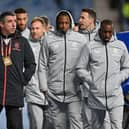 Rangers players walk around the pitch ahead of the UEFA Europa League Group A football match between Rangers and Sparta Prague. (Photo by PAUL ELLIS/POOL/AFP via Getty Images)