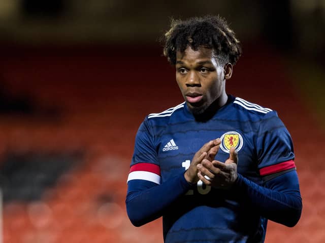 Dapo Mebude in action for Scotland Under-21s