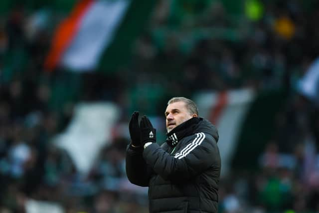 Celtic manager Ange Postecoglou applauds the fans after the 5-0 win over Morton in the Scottish Cup. (Photo by Ross MacDonald / SNS Group)