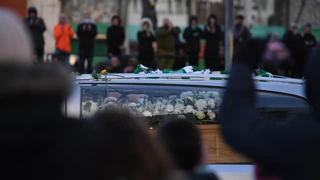 Former Celtic player Bertie Auld's funeral cortege passes Celtic Park. Picture: Craig Foy/SNS Group
